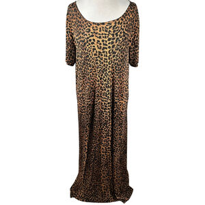 Jostar Leopard Animal Print Maxi Dress Slinky Travel Knit Short Sleeve Size OS